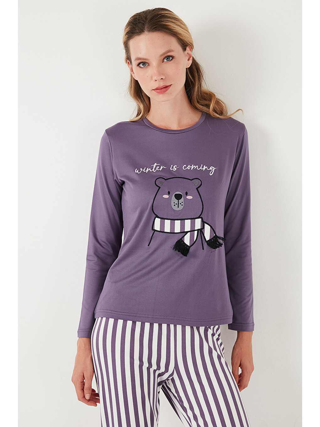 Lila Regular Fit Desenli Bisiklet Yaka Kadın Pijama Takımı 65719102-2