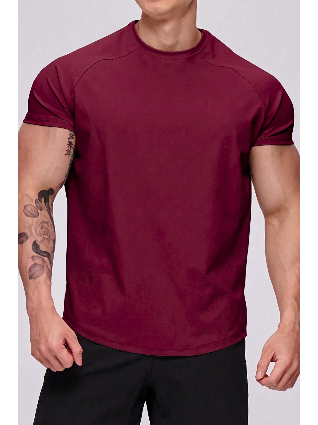 Bordo Erkek Spor Tişört Running Sports Gym Reglan Oval Kesim Penye-1