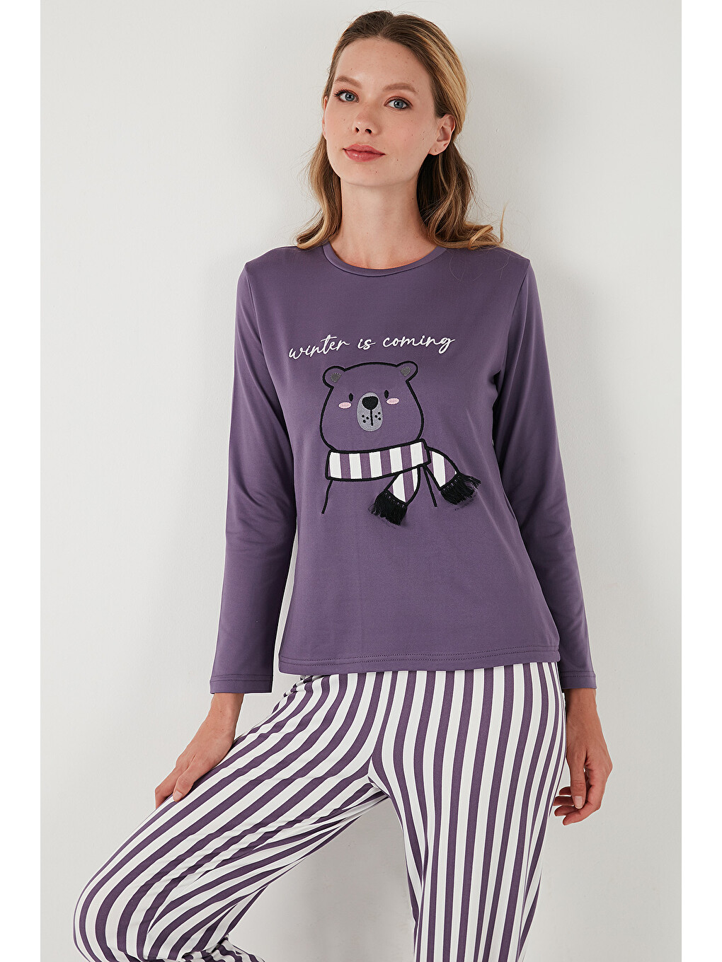 Lila Regular Fit Desenli Bisiklet Yaka Kadın Pijama Takımı 65719102-3