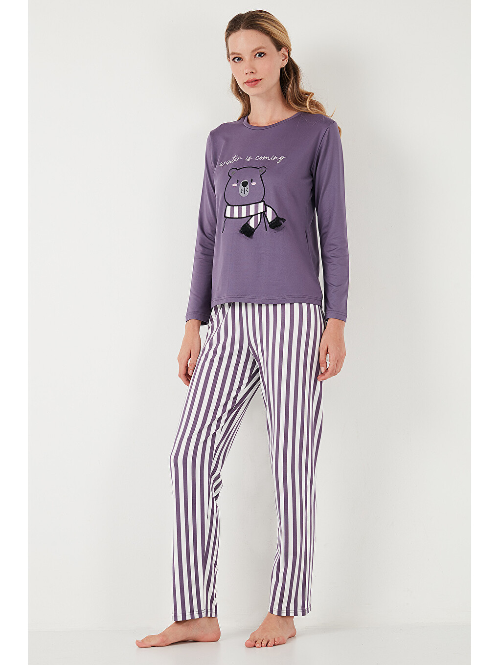 Lila Regular Fit Desenli Bisiklet Yaka Kadın Pijama Takımı 65719102-4
