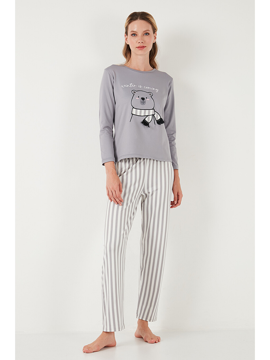 Gri Regular Fit Desenli Bisiklet Yaka Kadın Pijama Takımı 65719102-1