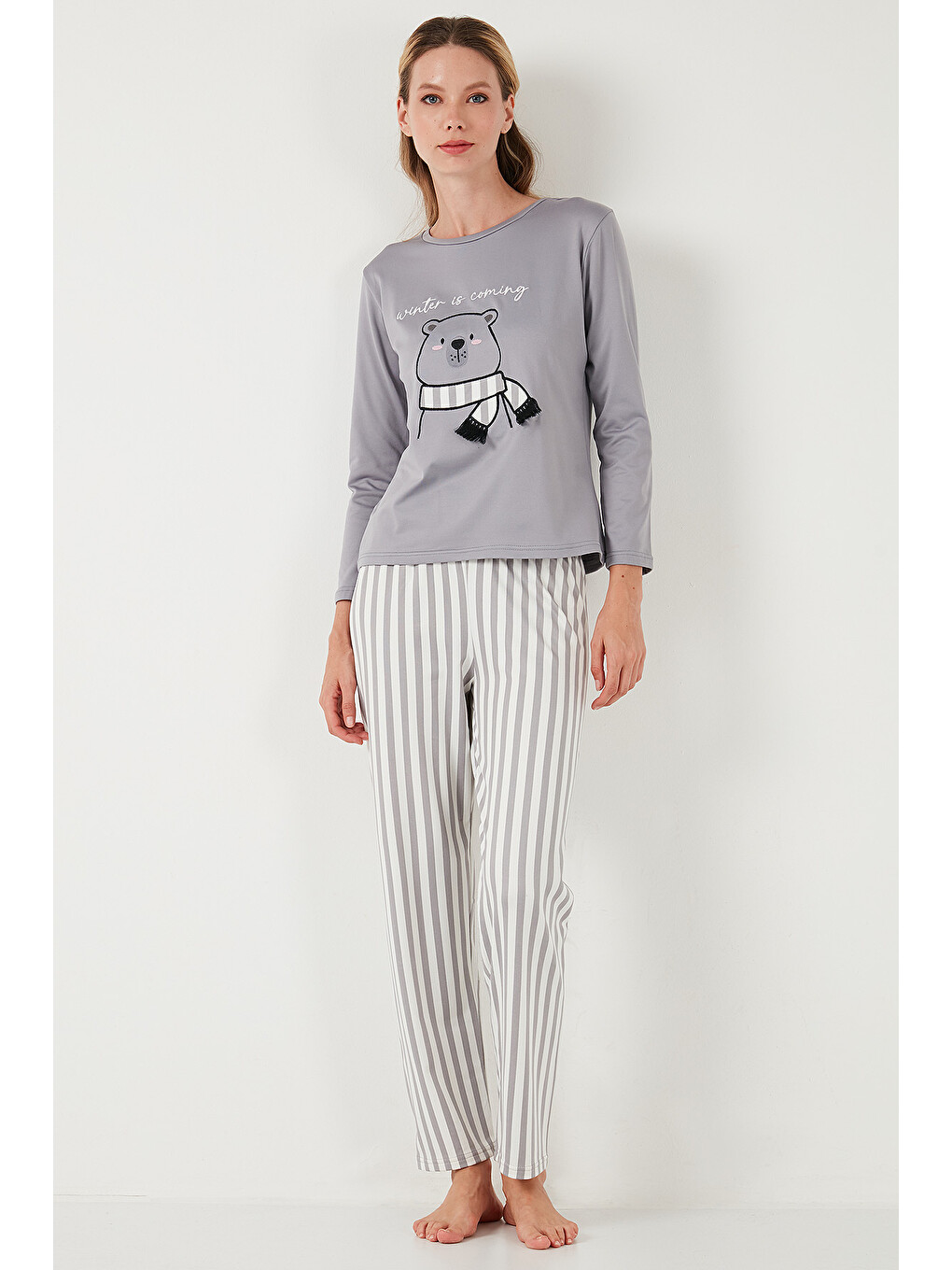 Gri Regular Fit Desenli Bisiklet Yaka Kadın Pijama Takımı 65719102-4