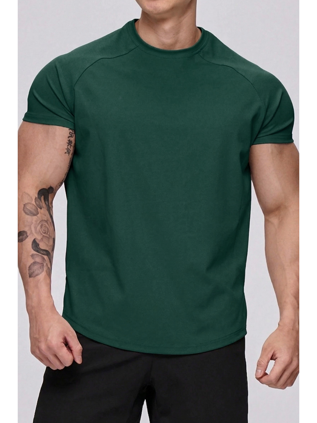 Yeşil Erkek Spor Tişört Running Sports Gym Reglan Oval Kesim Penye Tişört Ovaltişört-1