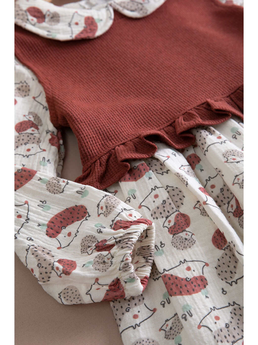 Kahverengi Kiremit Kirpi Desenli Süveterli Kız Çocuk Elbise 20224-2