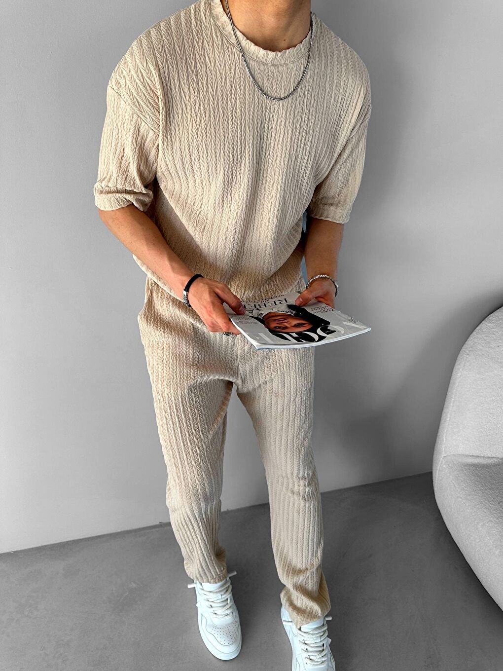 Erkek Oversize Desenli T-Shirt Bej-3