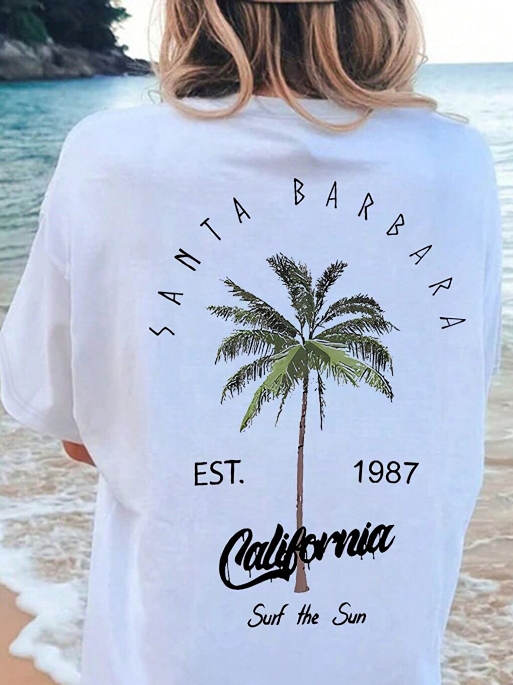 Kadın Beyaz Santa Barbara Baskı %100 Organik Pamuk Örme Tişört-2
