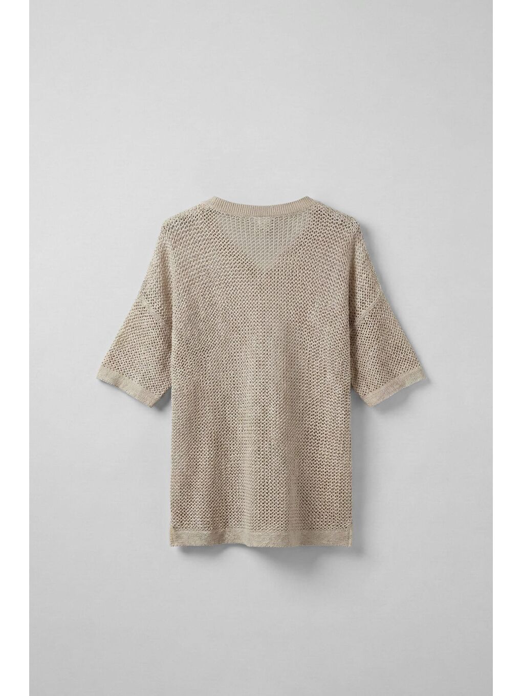 Erkek Oversize V Yaka File T-Shirt Bej-1