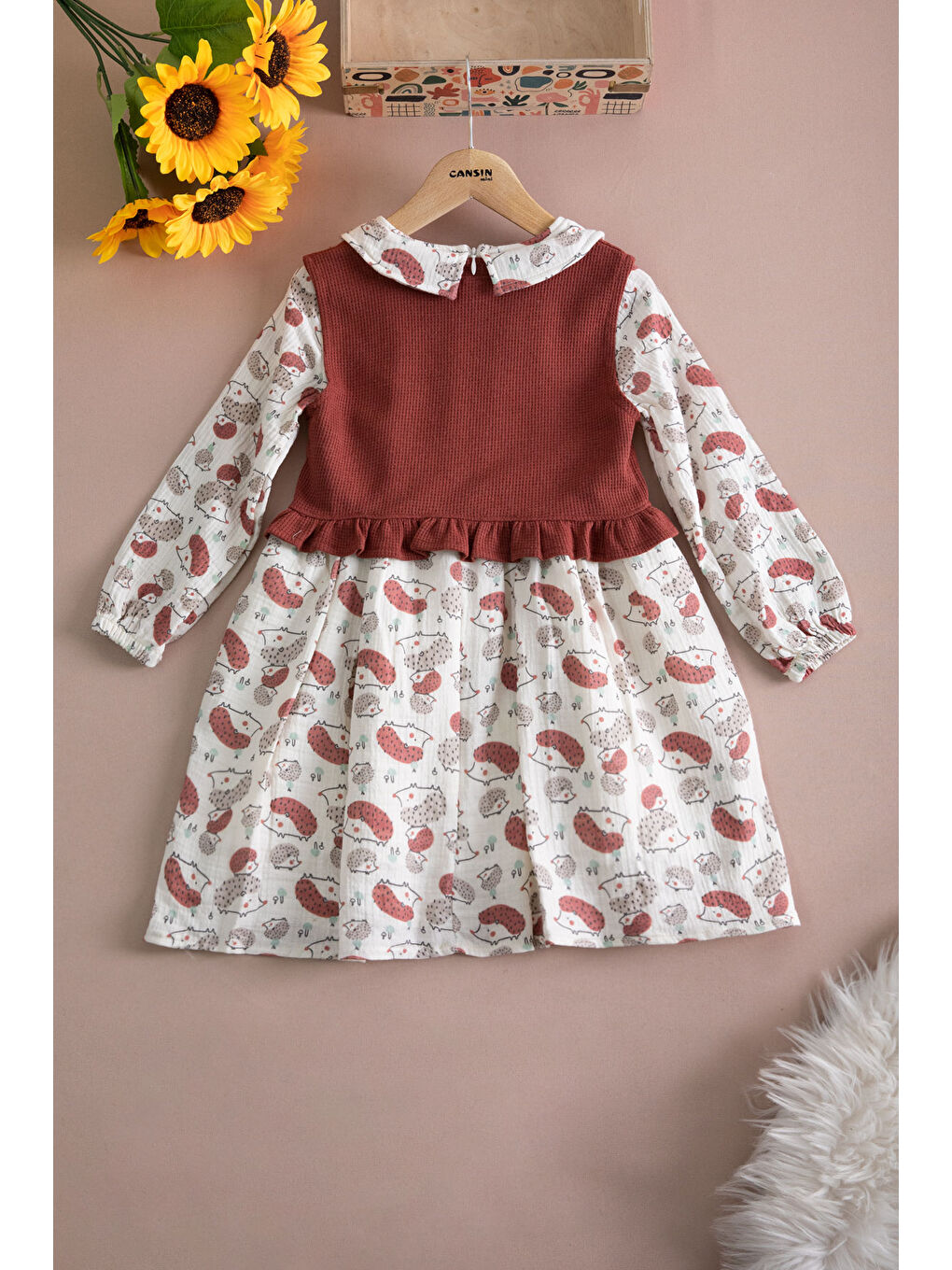 Kahverengi Kiremit Kirpi Desenli Süveterli Kız Çocuk Elbise 20224-4