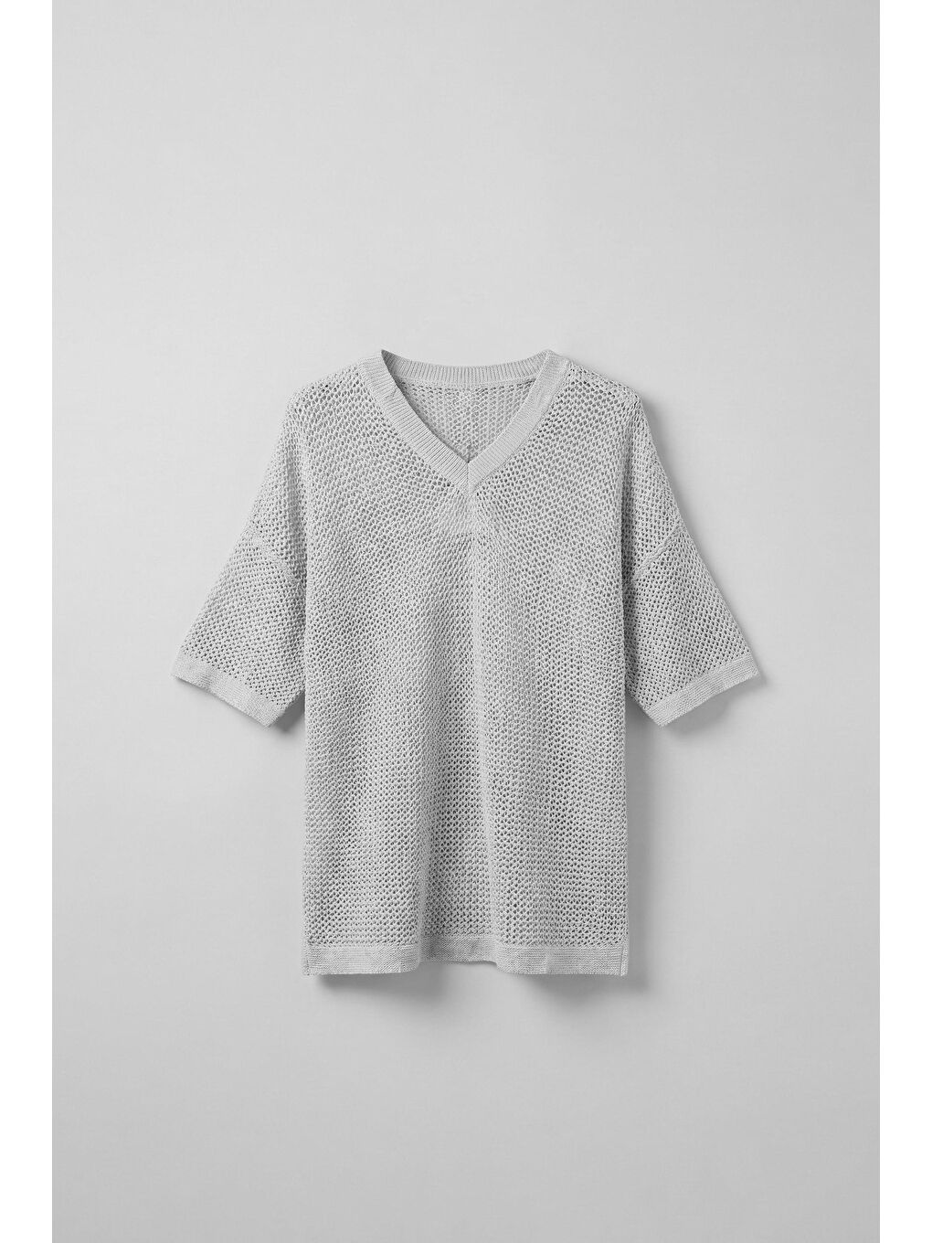 Erkek Oversize V Yaka File T-Shirt Gri