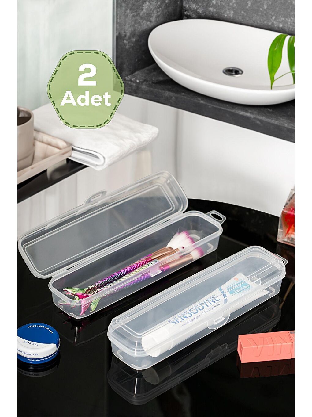 Renksiz 2li Çatal Kaşık Bıçak Kalemlik Kutusu - Diş Fırçası Makyaj Aksesuar Saklama Kabı Kutusu -multix Kutu