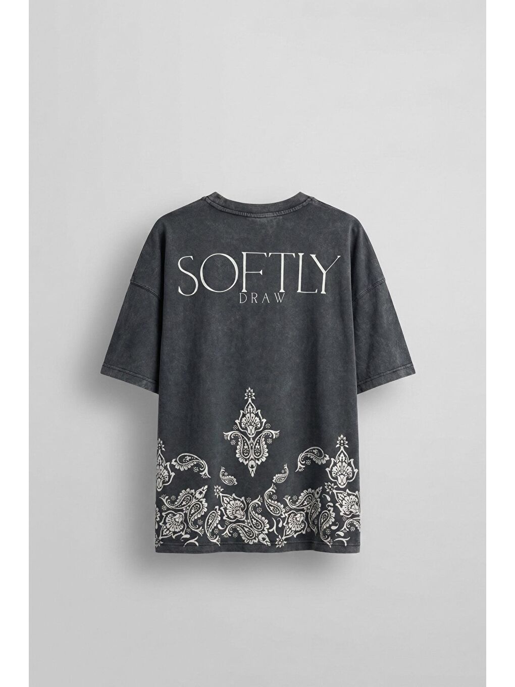 Erkek Oversize Etknik Desen Baskılı Yıkamalı T-Shirt Antrasit