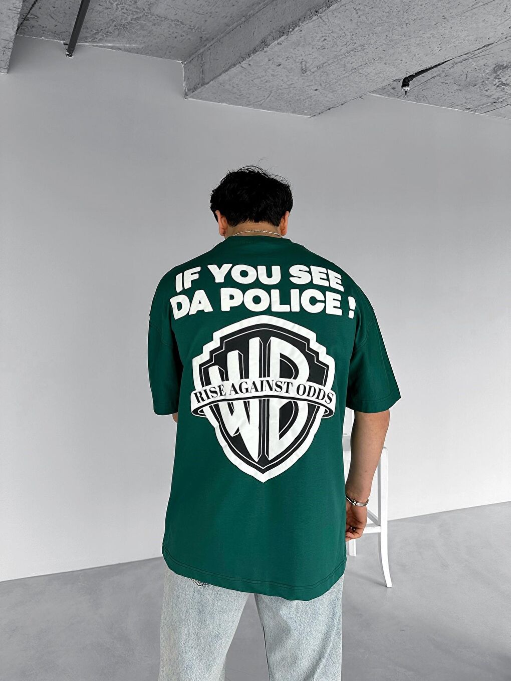 Erkek Oversize 'Police!' Baskılı İki İplik T-Shirt Yeşil-0