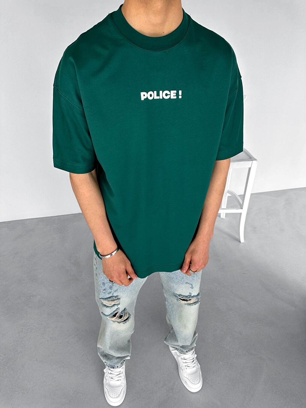 Erkek Oversize 'Police!' Baskılı İki İplik T-Shirt Yeşil-1