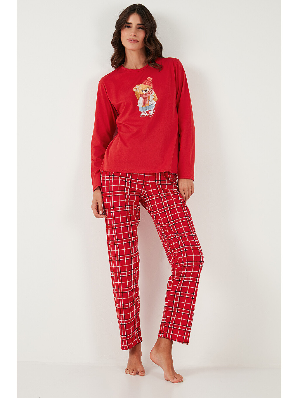 Kırmızı Pamuklu Regular Fit Baskılı Bisiklet Yaka Pijama Takımı 65723313-5