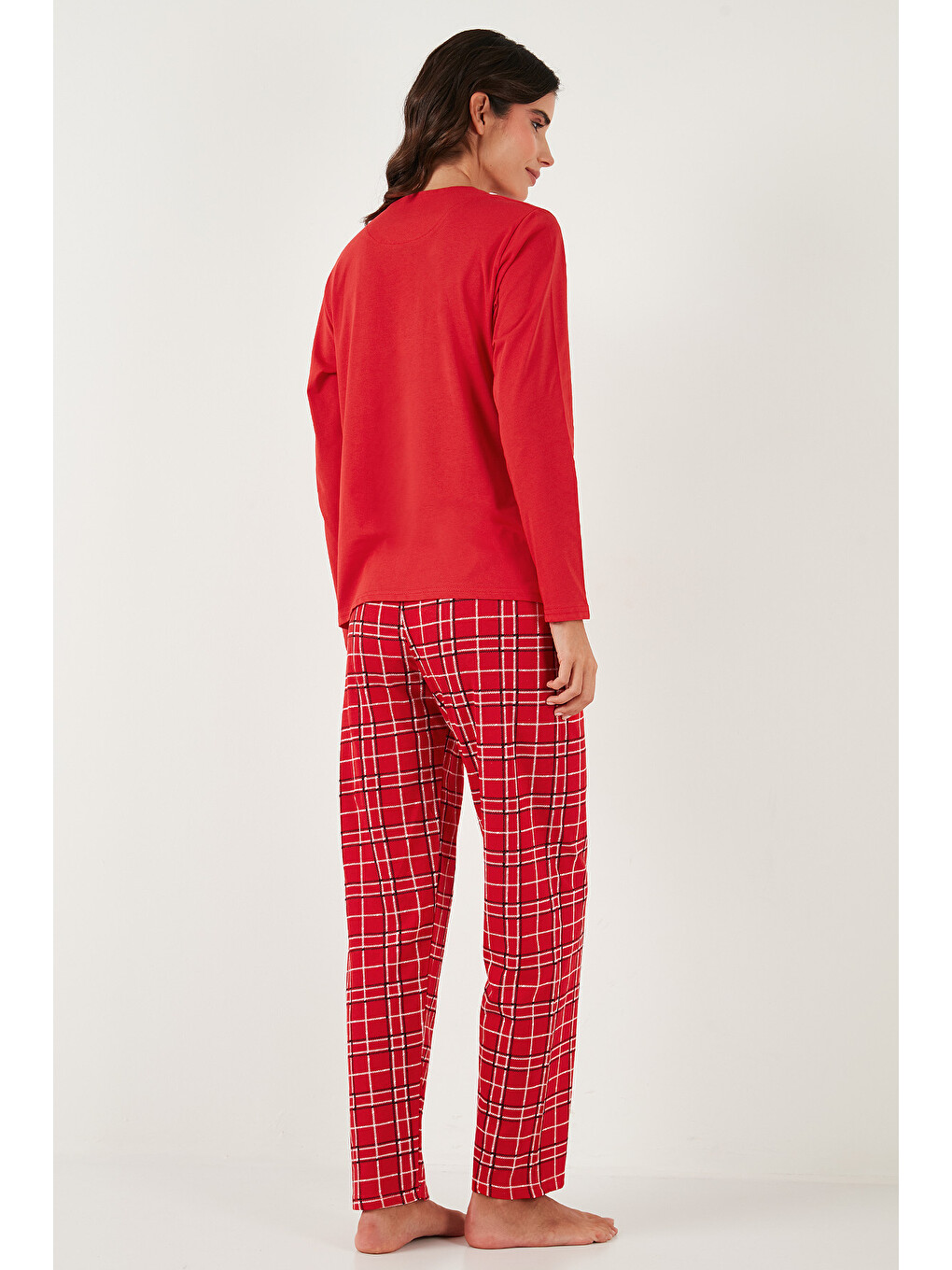 Kırmızı Pamuklu Regular Fit Baskılı Bisiklet Yaka Pijama Takımı 65723313-6