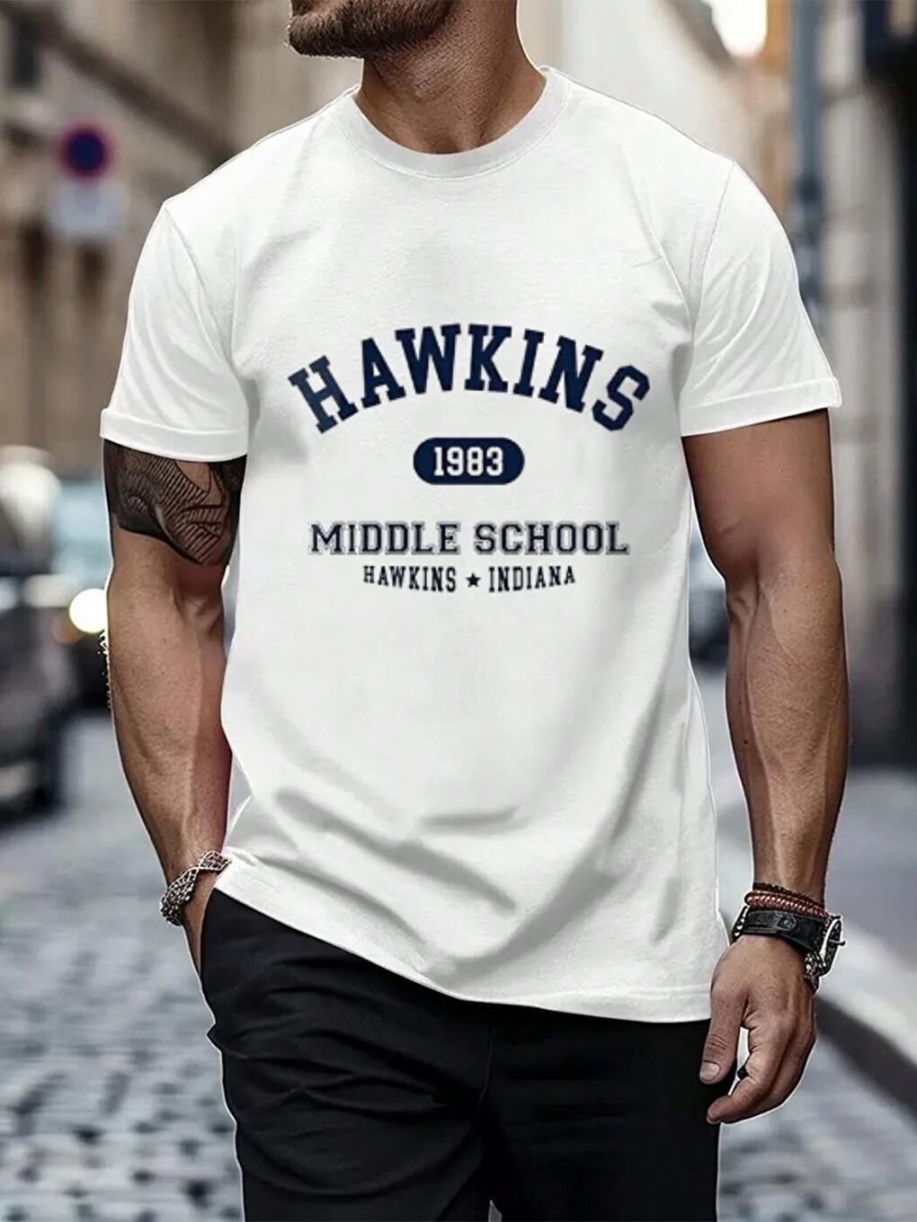 Erkek Beyaz Hawkins Baskı Detay %100 Organik Pamuk Örme Oversize Tişört-1