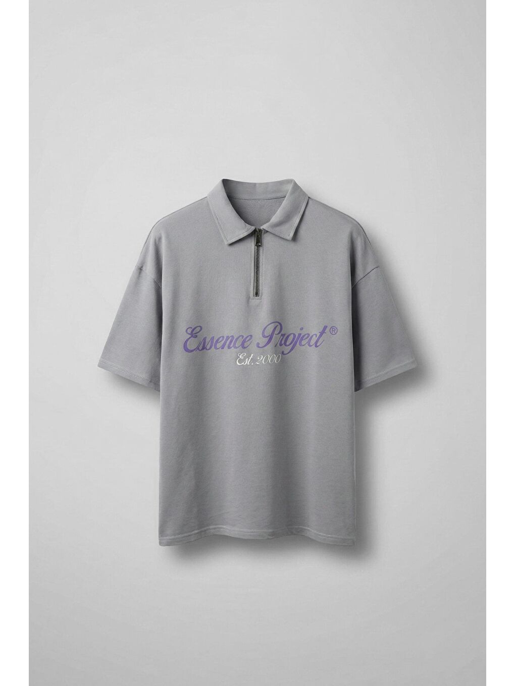 Erkek Oversize Fermuarlı Polo Yaka Baskılı T-Shirt Açık Gri