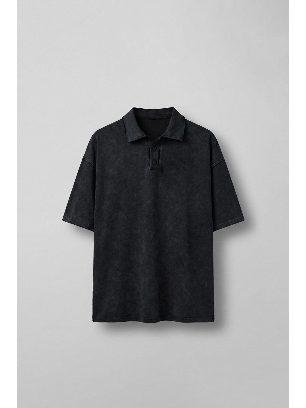 Erkek Oversize Polo Yaka Yıkamalı T-Shirt Siyah
