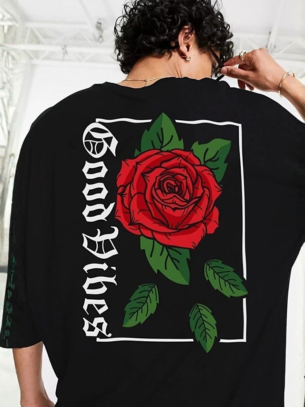 Erkek Siyah Rose Good Vibes Baskı %100 Organik Pamuk Örme Oversize Tişört