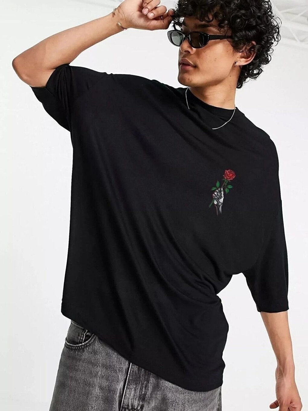 Erkek Siyah Rose Good Vibes Baskı %100 Organik Pamuk Örme Oversize Tişört-1