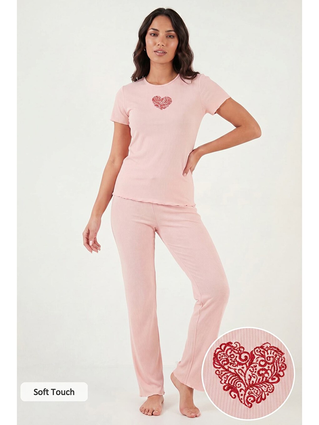 Pembe Regular Fit Desenli Bisiklet Yaka Kısa Kollu Kadın Pijama Takımı 65770823-1