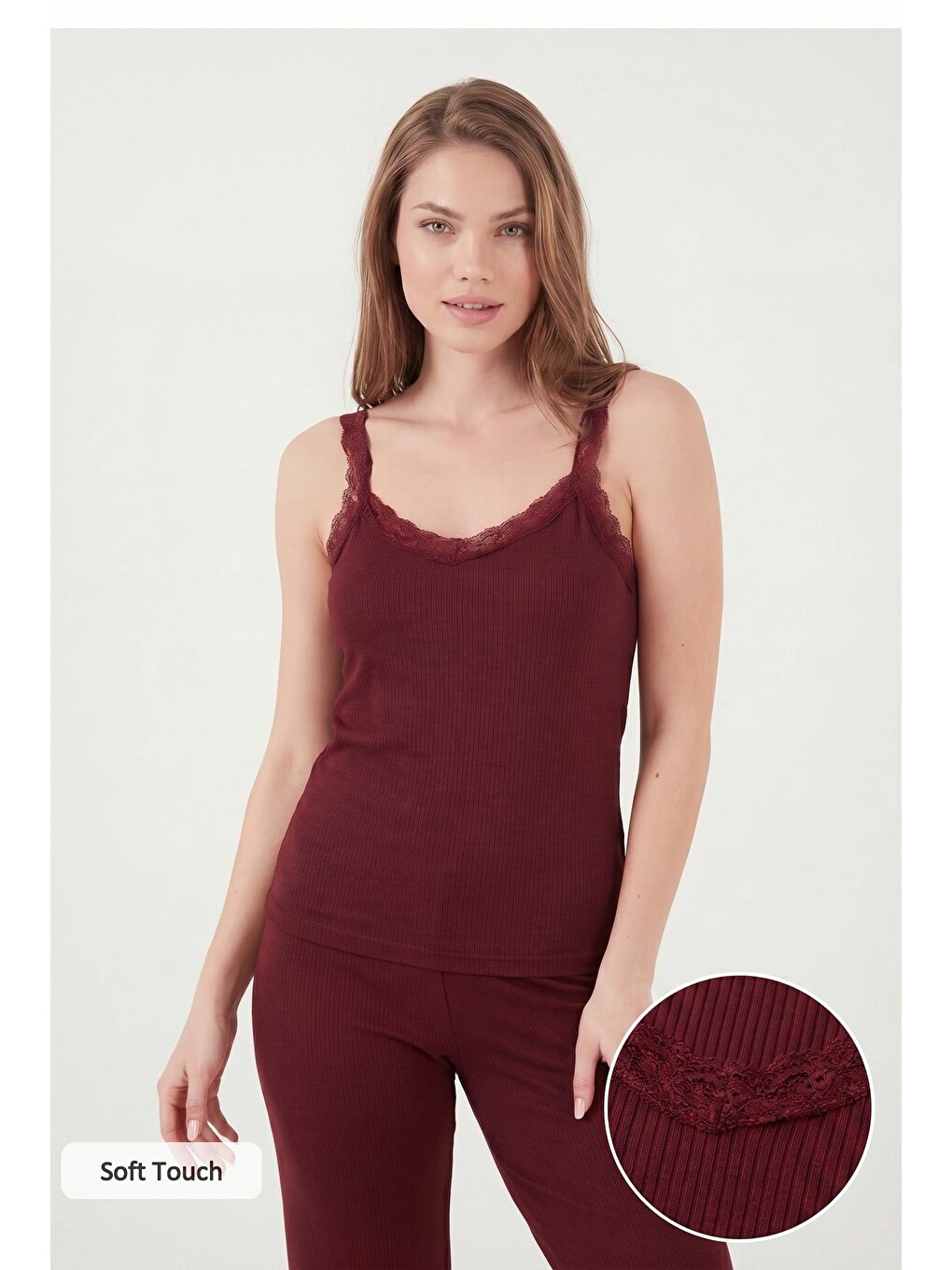 Bordo Regular Fit Güpür Detaylı Askılı Yuvarlak Yaka Kadın Pijama Takımı 65770822-1