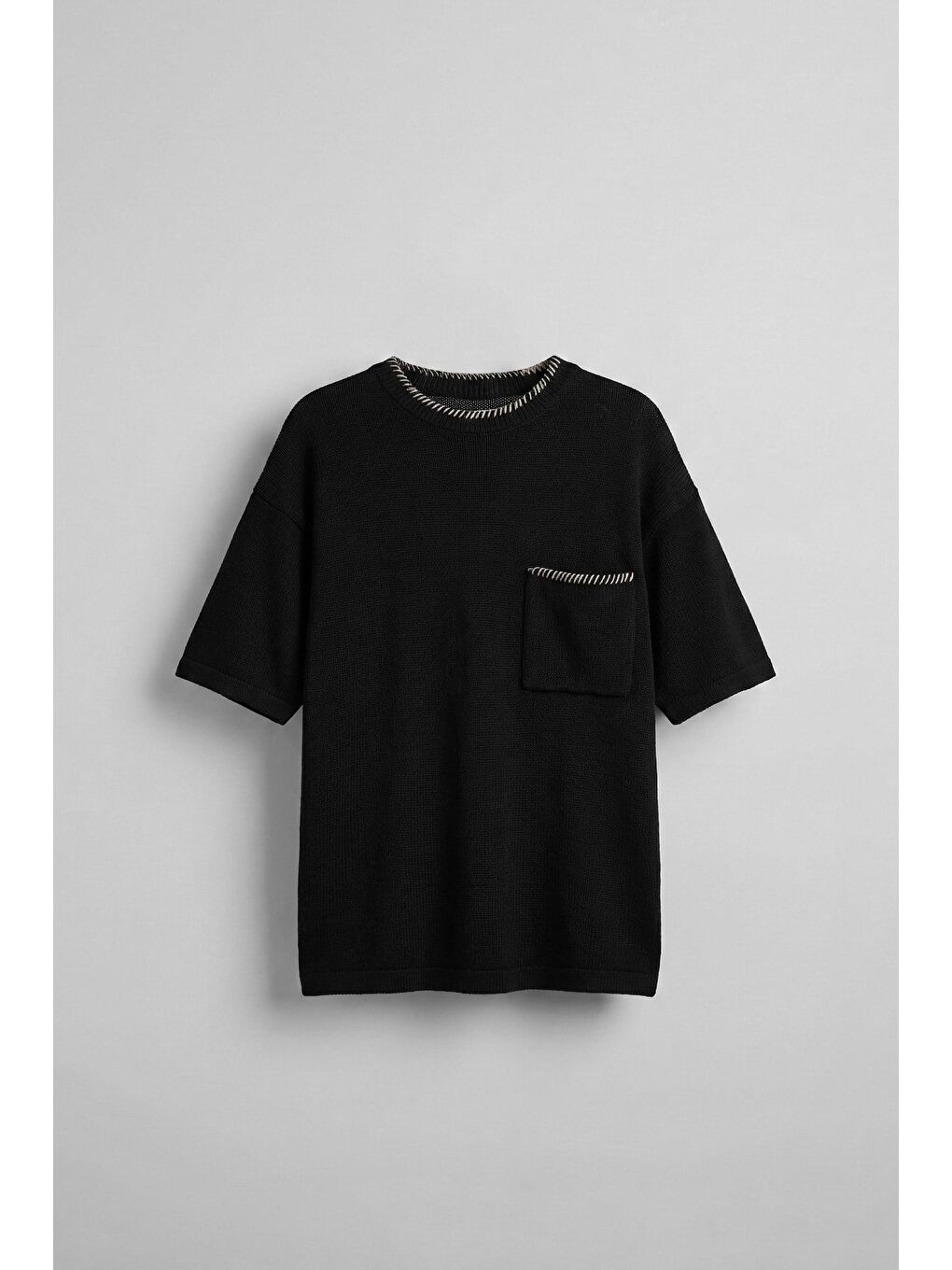 Erkek Oversize Önü Cepli Örme T-Shirt Siyah