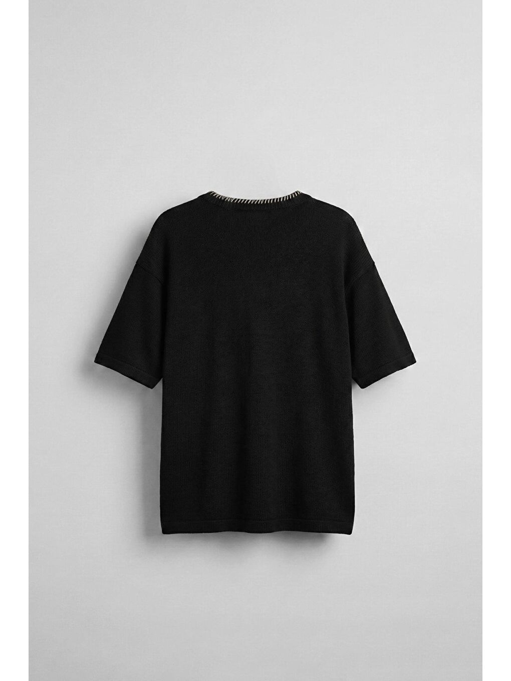 Erkek Oversize Önü Cepli Örme T-Shirt Siyah-1