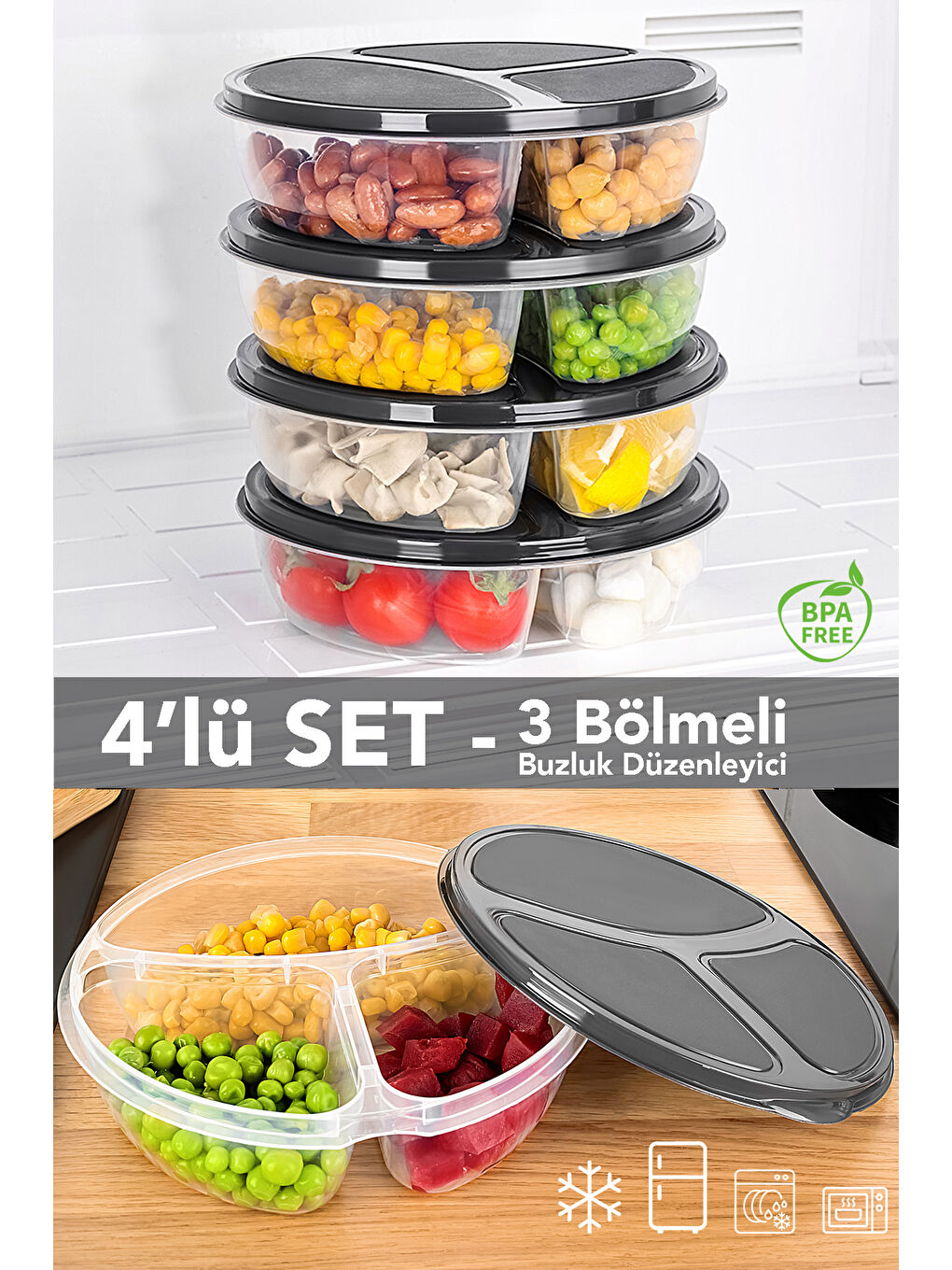 Gri 4 Adet Yuvarlak 3 Bölmeli Saklama Kabı