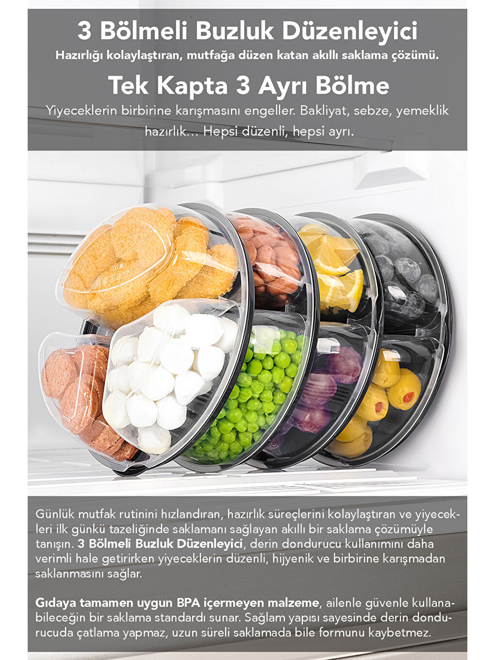 Gri 4 Adet Yuvarlak 3 Bölmeli Saklama Kabı-2