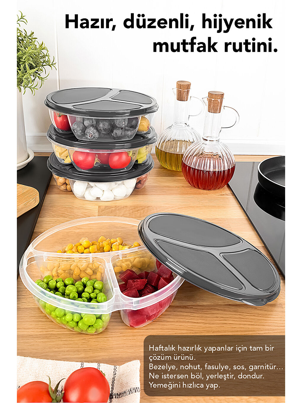 Gri 4 Adet Yuvarlak 3 Bölmeli Saklama Kabı-4