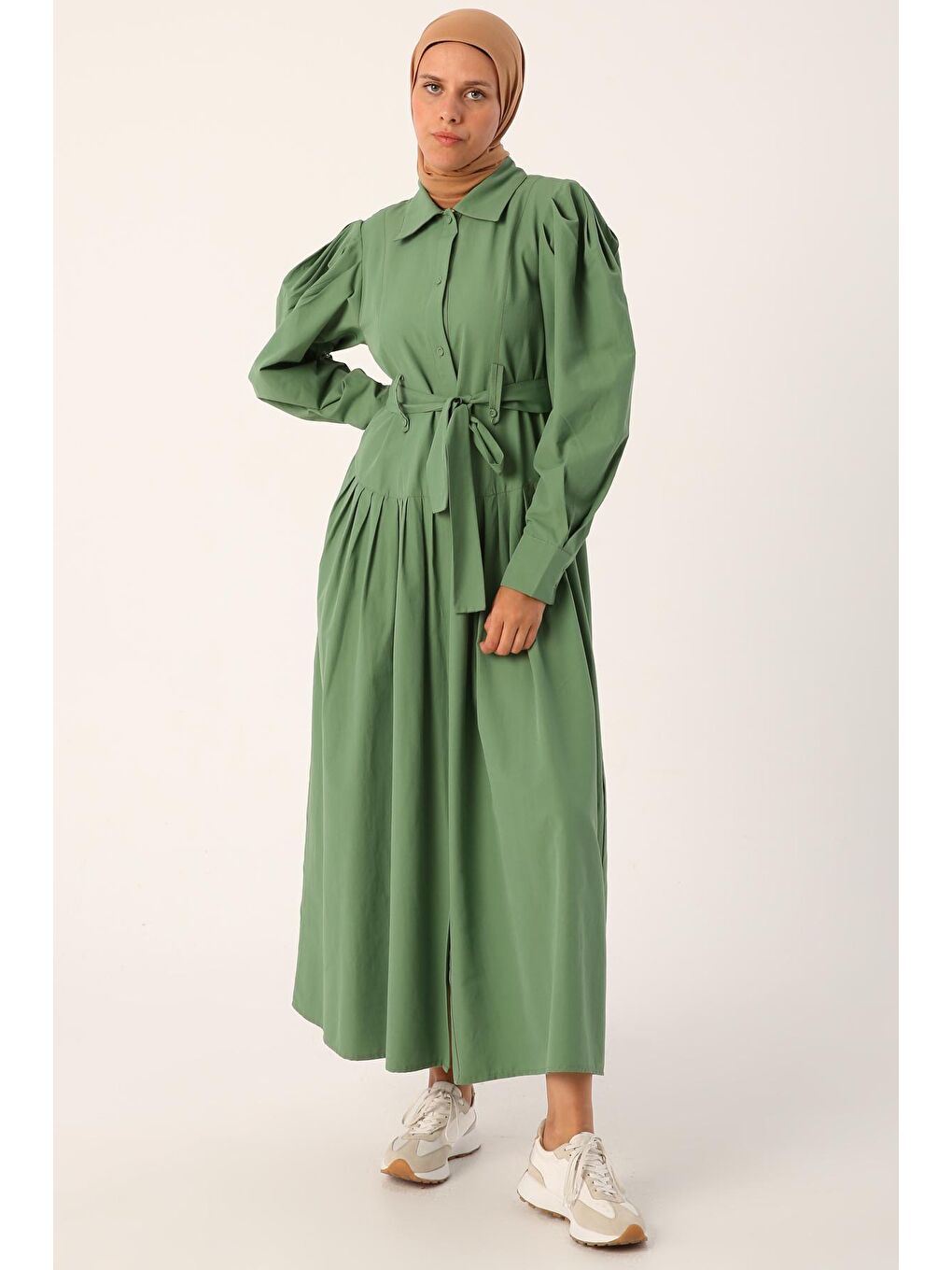 Yeşil Kemerli Balon Kollu Gömlek Elbise-1