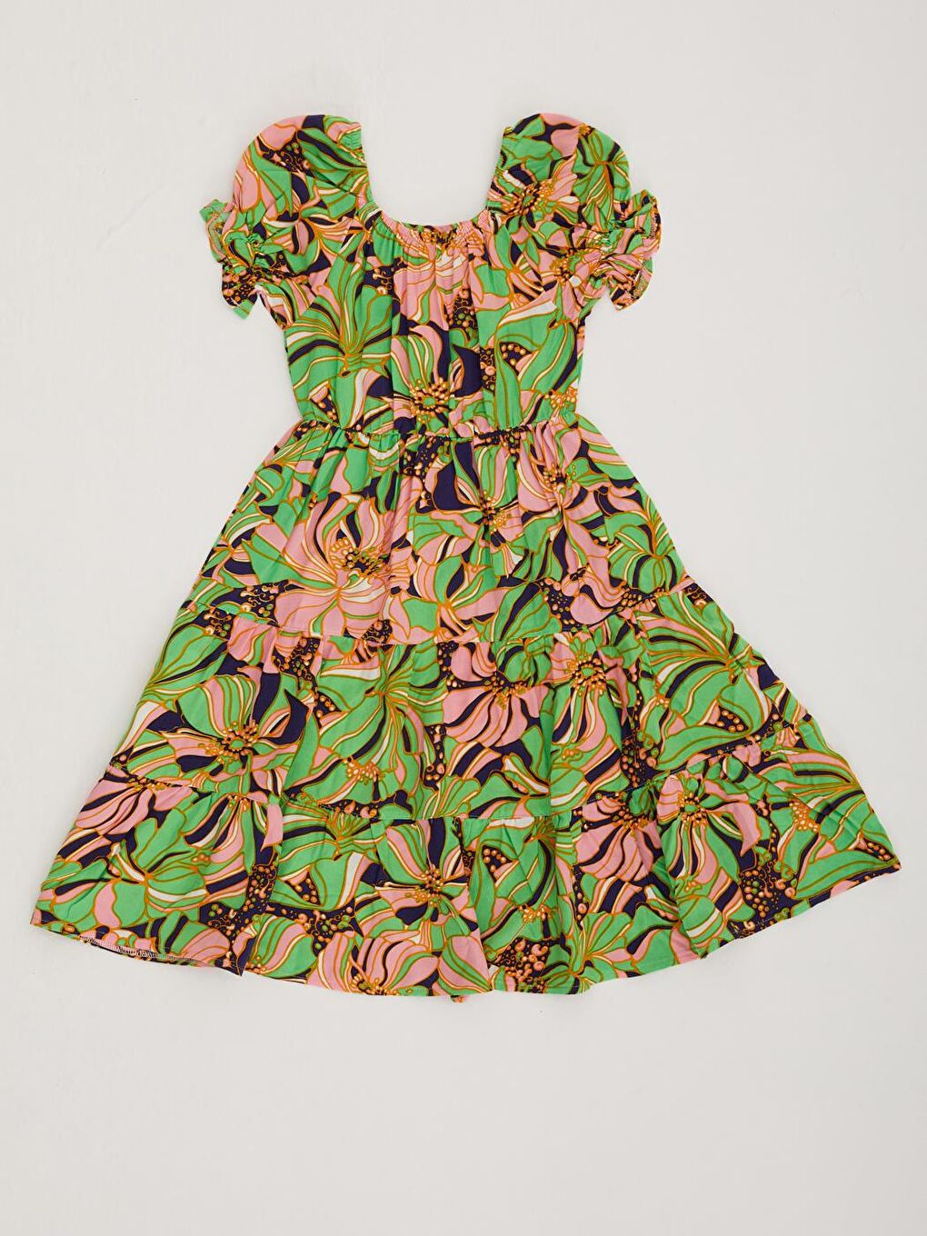 Karışık Kız Çocuk Büzgülü Desenli Mevsimlik Elbise