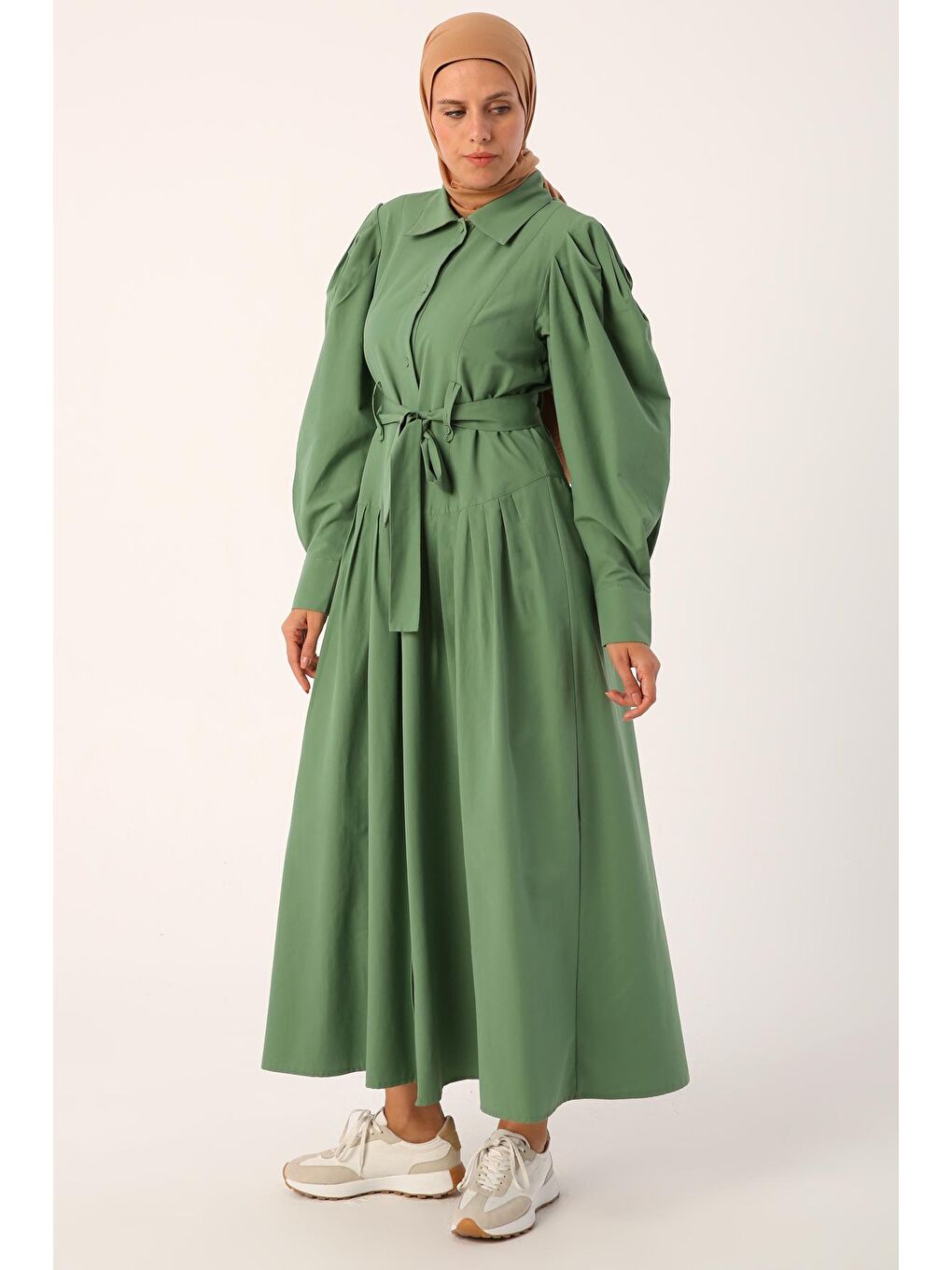 Yeşil Kemerli Balon Kollu Gömlek Elbise-2