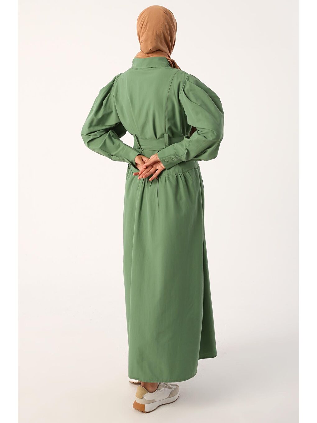 Yeşil Kemerli Balon Kollu Gömlek Elbise-3