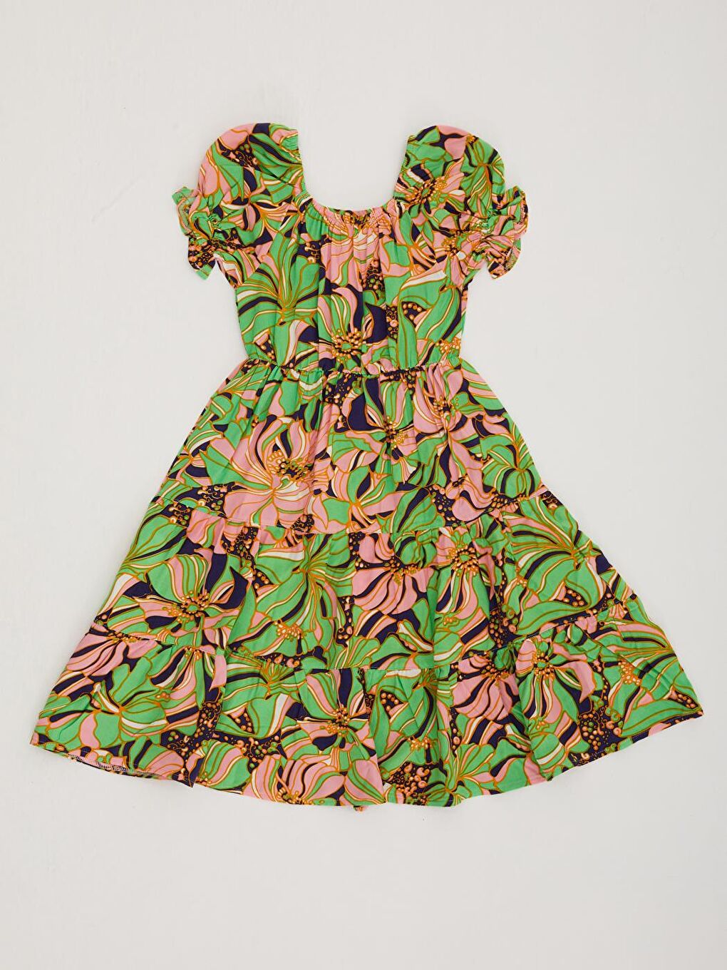 Karışık Kız Çocuk Büzgülü Desenli Mevsimlik Elbise-3