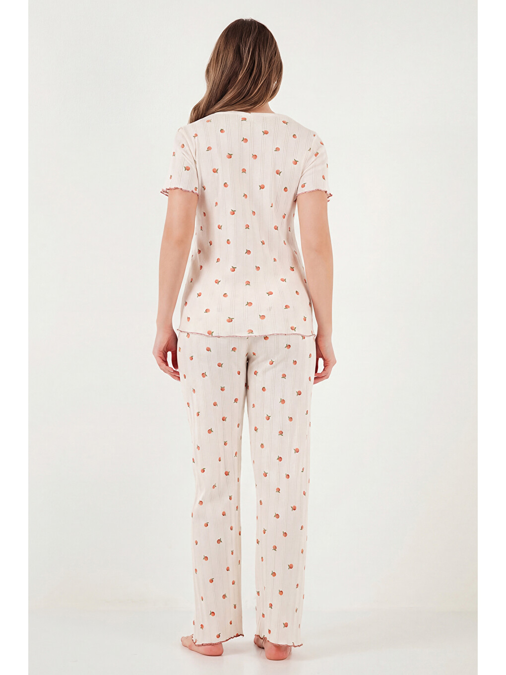 Ekru Pamuklu Regular Fit Bisiklet Yaka Kısa Kollu Desenli Rahat Pijama Takımı 65770753-6