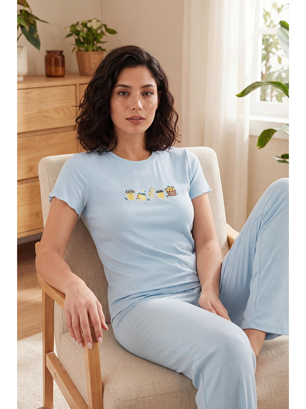 Mavi Regular Fit Desenli Bisiklet Yaka Kısa Kollu Kadın Pijama Takımı 65770823