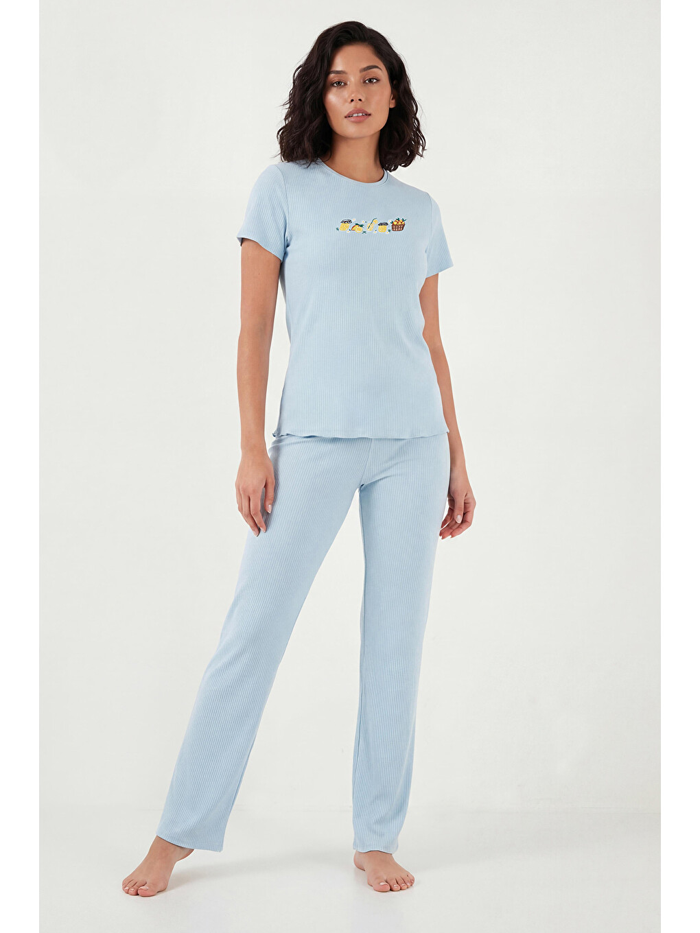 Mavi Regular Fit Desenli Bisiklet Yaka Kısa Kollu Kadın Pijama Takımı 65770823-1