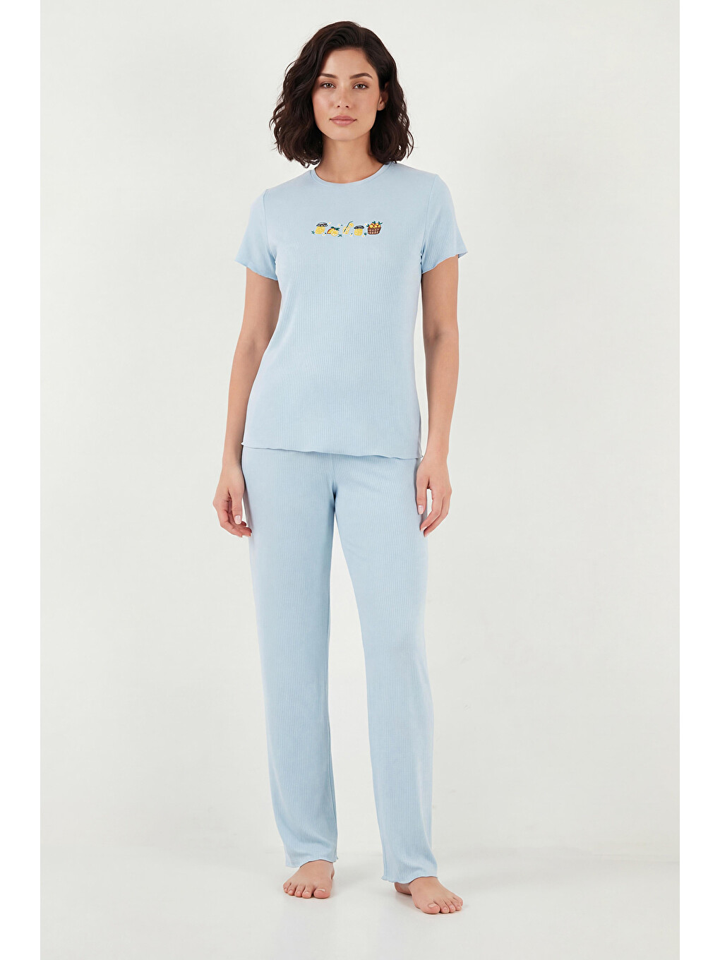 Mavi Regular Fit Desenli Bisiklet Yaka Kısa Kollu Kadın Pijama Takımı 65770823-2