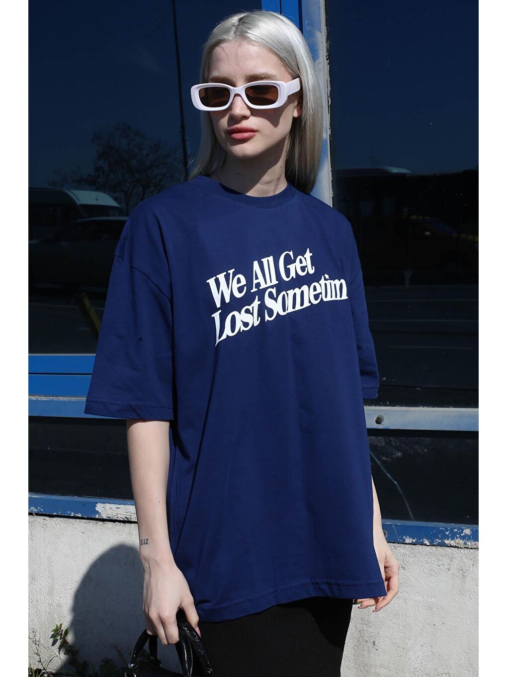 İndigo Baskılı Oversize Tişört Mg1532-1