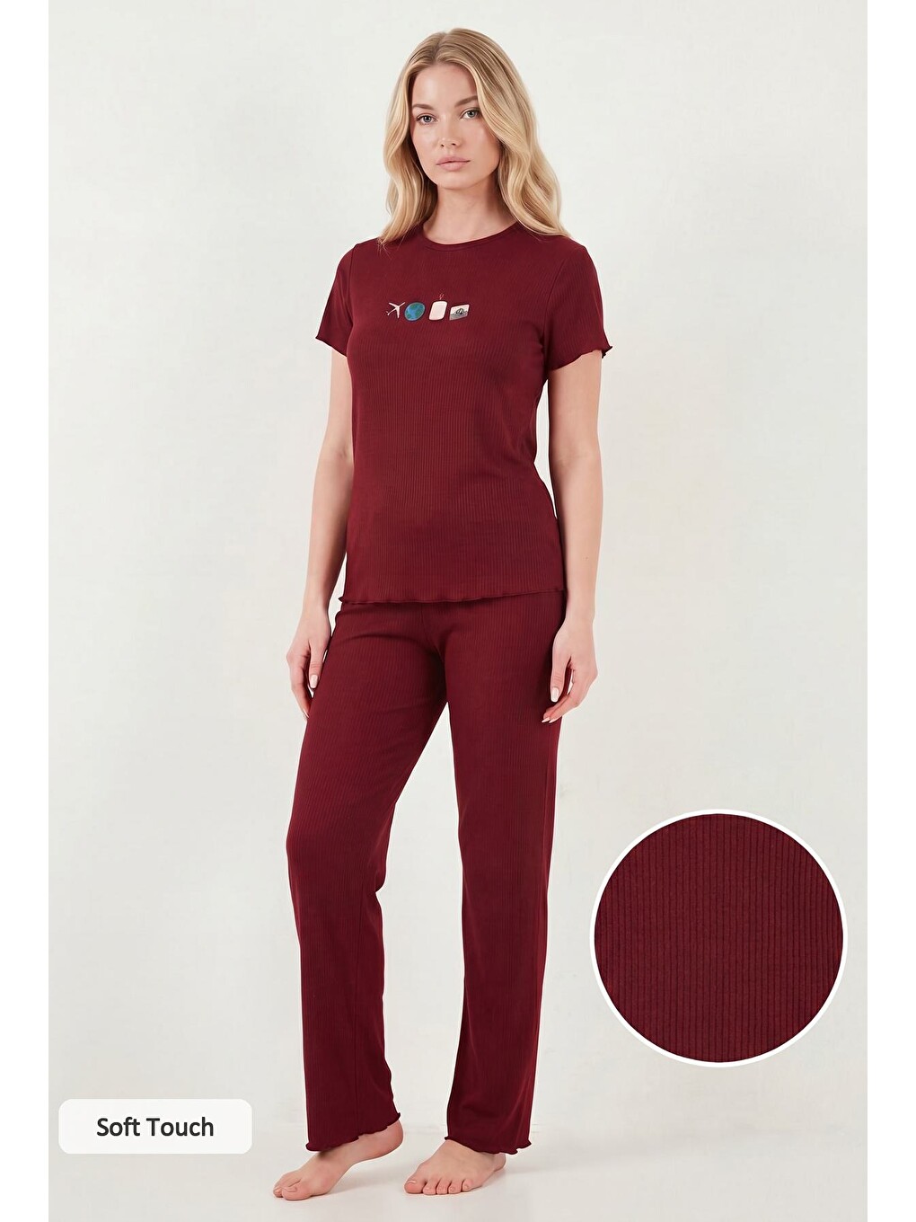 Bordo Regular Fit Desenli Bisiklet Yaka Kısa Kollu Kadın Pijama Takımı 65770823-1