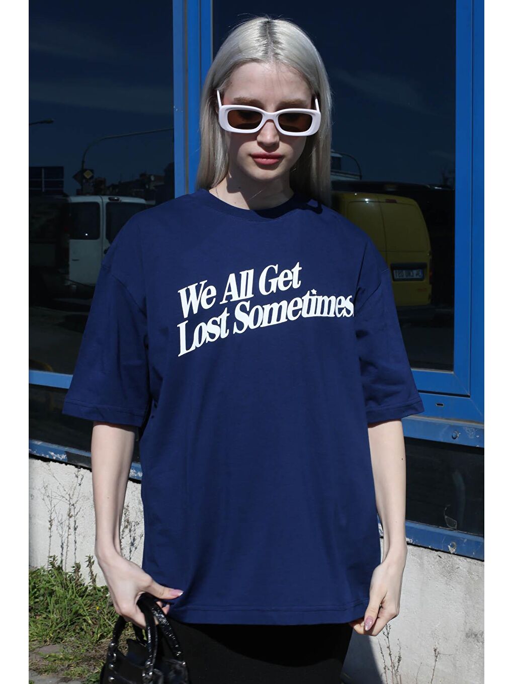 İndigo Baskılı Oversize Tişört Mg1532-2