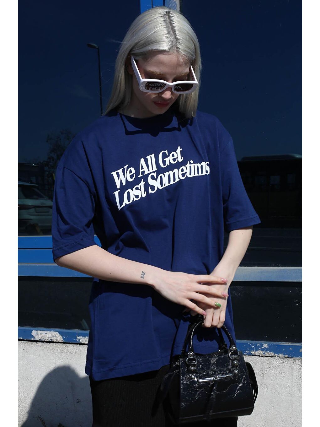 İndigo Baskılı Oversize Tişört Mg1532-3