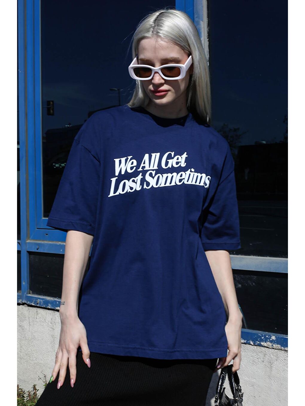İndigo Baskılı Oversize Tişört Mg1532-4