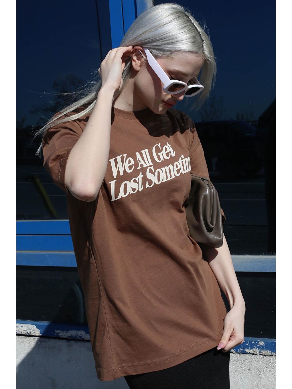 Kahverengi Baskılı Oversize Tişört Mg1532-1