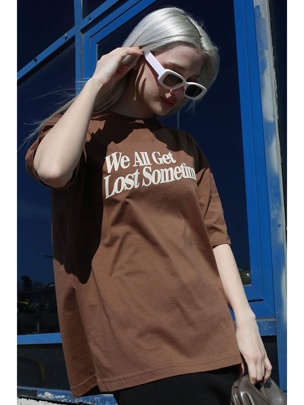 Kahverengi Baskılı Oversize Tişört Mg1532-2