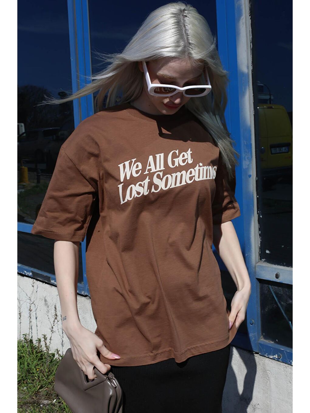 Kahverengi Baskılı Oversize Tişört Mg1532-3