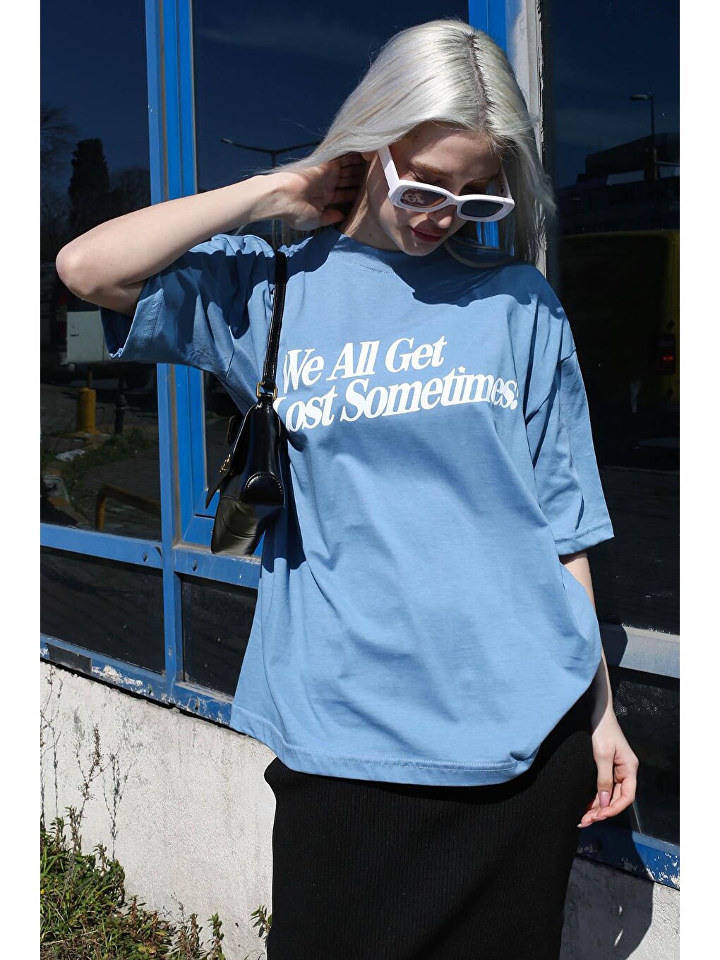 Mavi Baskılı Oversize Tişört Mg1532-1