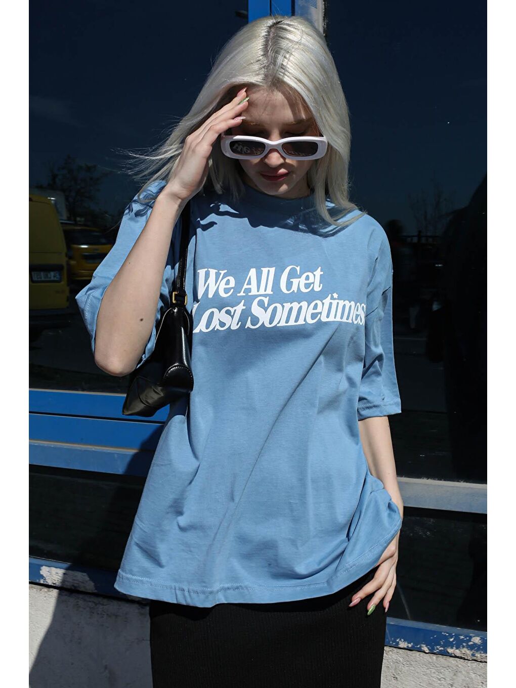 Mavi Baskılı Oversize Tişört Mg1532-2
